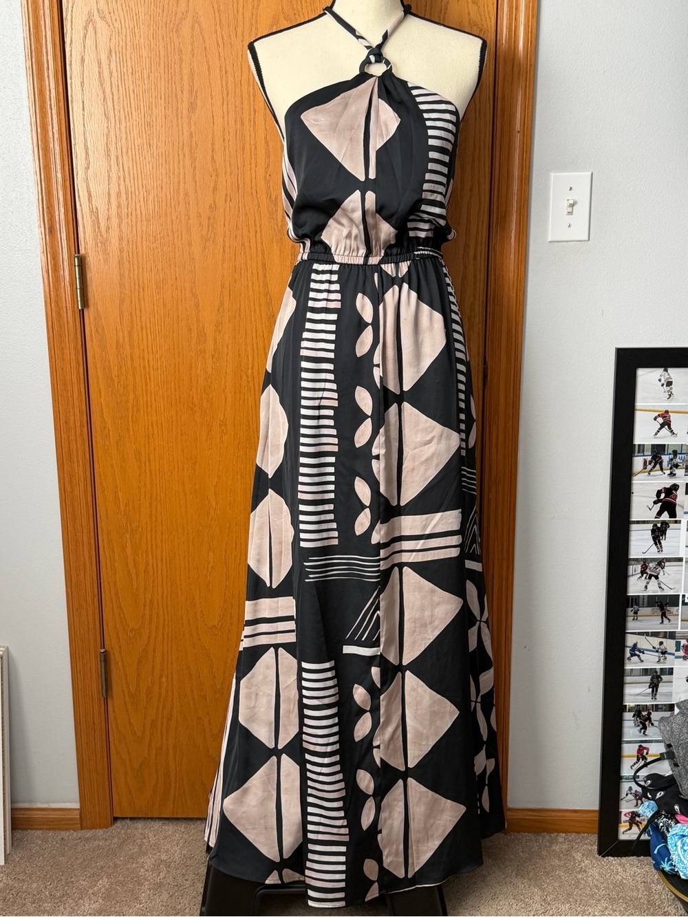 Express Black and Beige Geometric Halter Maxi Dress